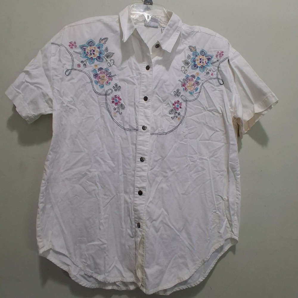 Vtg Max and Diane Womens M White Floral Embroidered Western Button Up Shirt